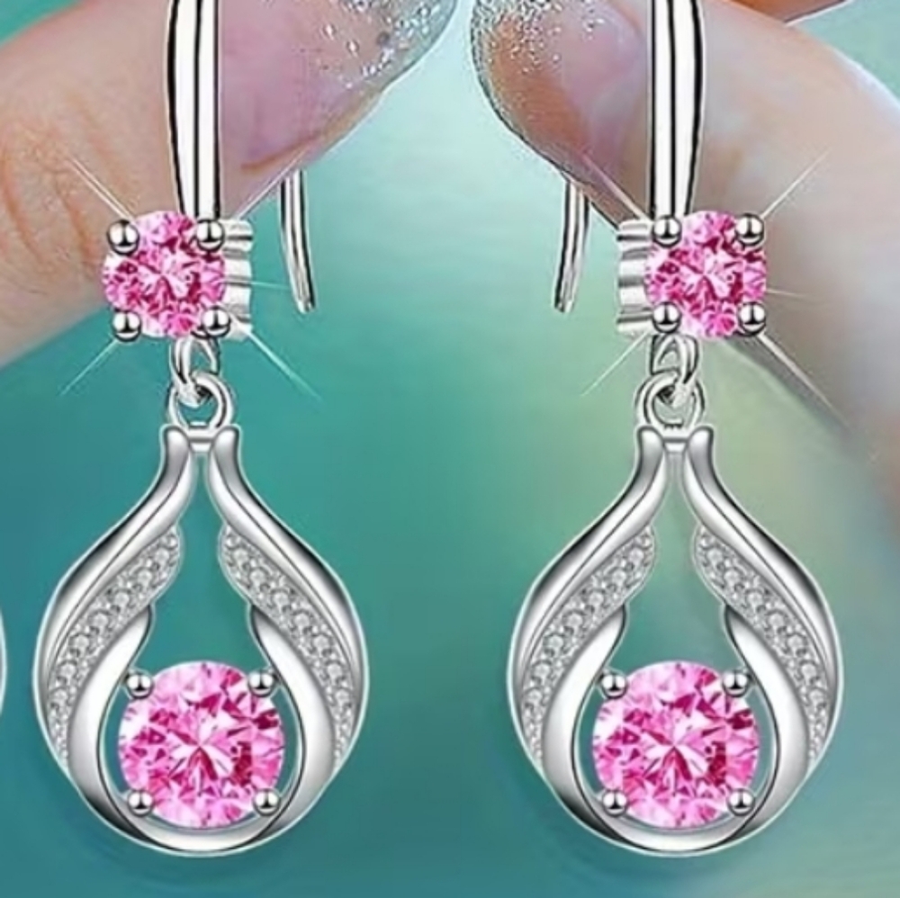 3pcs. Teardrop Necklace and Earrings with Pink Crystal Accents - Picture 3 of 5